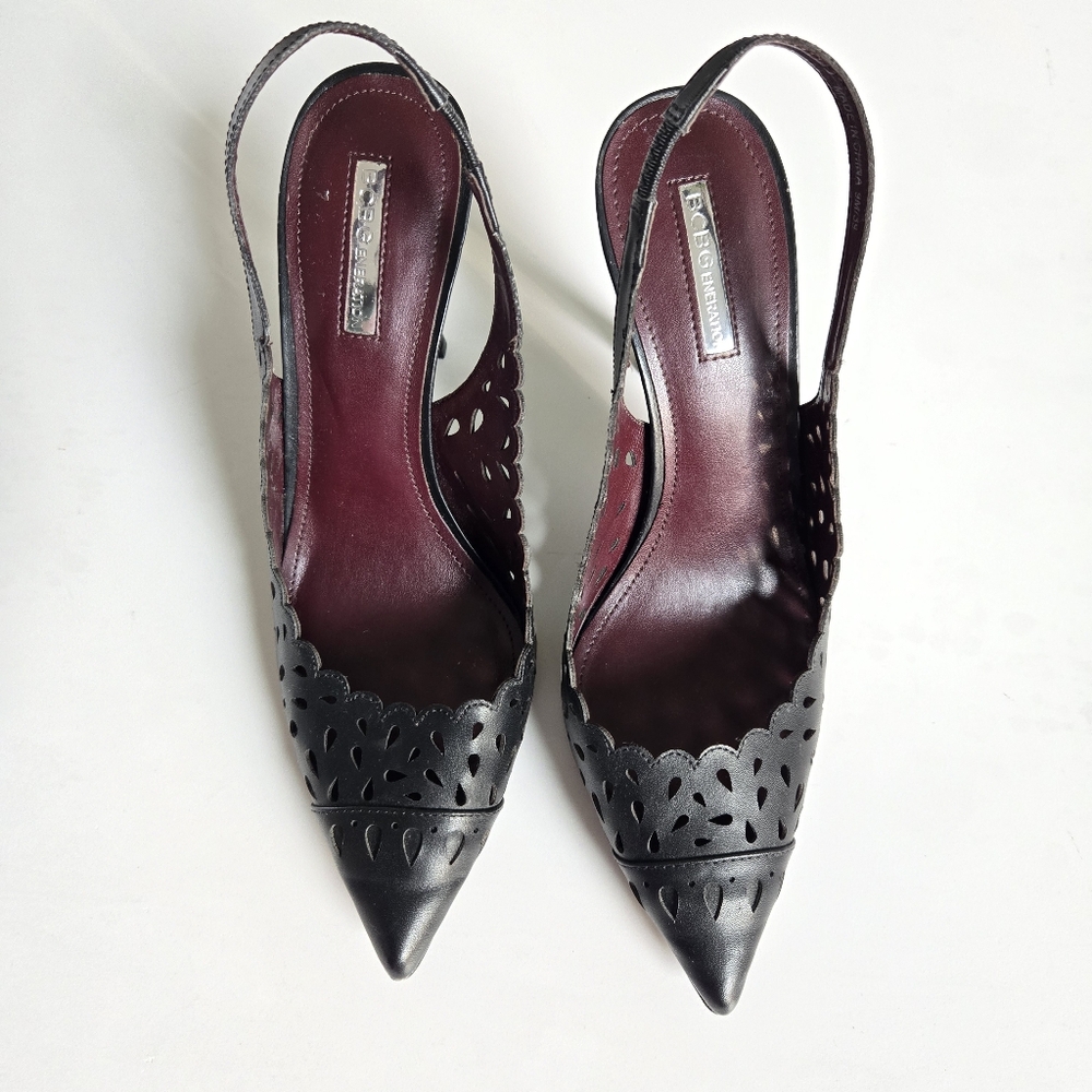 BCBG Black Slingback Pointed Toe Lazer Cut Stiletto Heels 9M